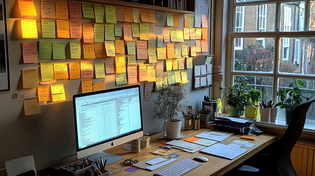 Computer on a desk with many post-it notes